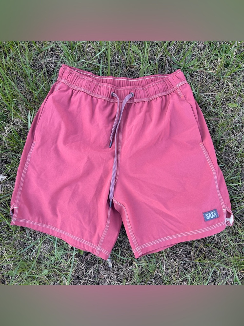 SAXX Oh Buoy 2N1 Volley 7 Shorts Small Burgundy Red Swim Trunks Ballpark Pouch